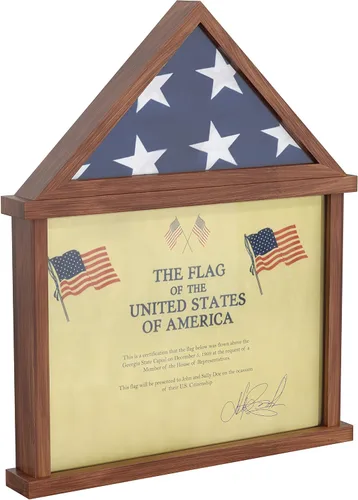 HBCY Creations Vitrina de bandera con soporte para certificado para bandera estadounidense de 3 x 5 pies, madera maciza con frente de vidrio con