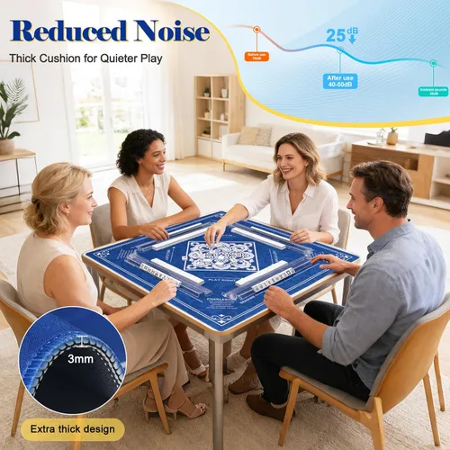 Miniatura 6 de Tapete Mahjong con regla, 32.5 x 32.5 pulgadas, impermeable, superficie suave, fácil de limpiar, antideslizante y reduce el ruido, tapete de mesa