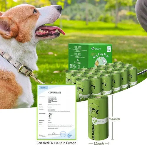 Miniatura 5 de Bolsas compostables certificadas para excremento de perro, 270 bolsas, 18 rollos, bolsas para excrementos para perros hechas de almidón de maíz