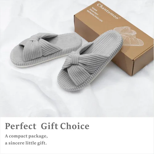 Miniatura 5 de Chantomoo Pantuflas para mujer, de espuma viscoelástica, para el dormitorio, con lazo de pana, con bandas cruzadas, cómodas, modernas, para regalo