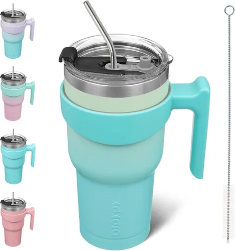 Miniatura 61 de BJPKPK Vaso con asa de acero inoxidable de 20 onzas, con aislamiento de doble pared, con tapa y pajita, color rosa claro A-rosa claro