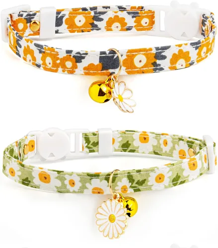 Miniatura 12 de Paquete de 2 Collares Separables de Algodón para Gatos con Campana y Pendientes de Flores Rosas y Moradas Lindo Collar para Gatito Adecuado