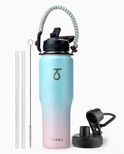 Miniatura 23 de Trebo Botella de agua de 40 onzas con aislamiento que cabe en portavasos de automóvil con asa, botellas de agua de acero inoxidable vaso con tapas