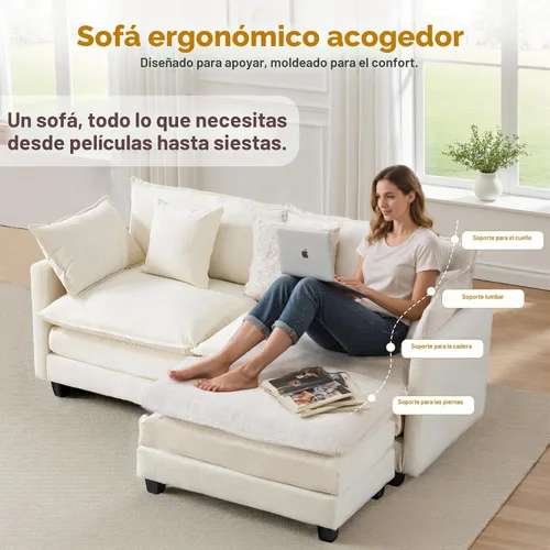 Miniatura 6 de Cloud Sofá de felpilla en forma de L con otomana, sofá biplaza seccional de 77 pulgadas que ahorra espacio con diván, para espacios pequeños, fácil
