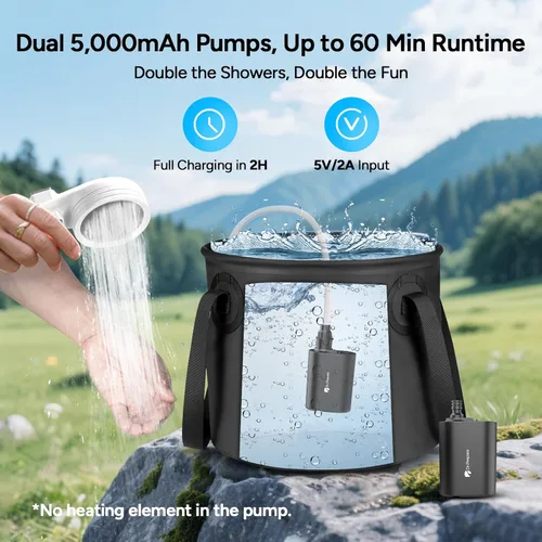 Miniatura 3 de DR.PREPARE Ducha portátil, bombas de ducha dobles para campamento, 2 × 5000 mAh, motor de 11,000 rpm, flujo de 1.32 galones/min, boquilla