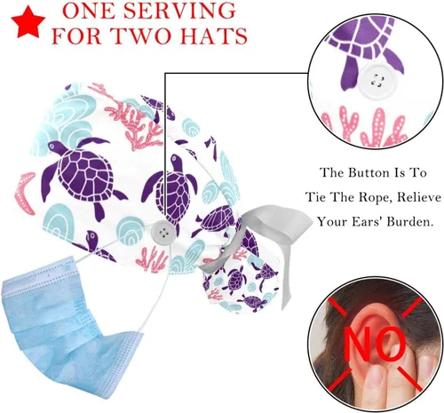 Miniatura 3 de 2 gorras de trabajo para mujer con botón Ocean Turtle cubierta de pelo largo cinta con cordones