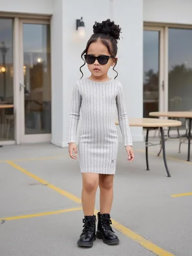 Miniatura 5 de Vestidos para niñas, Juego de 3 vestidos para niñas pequeñas de manga larga de color sólido, elegantes y casuales, con diseño acanalado, talla 2-8