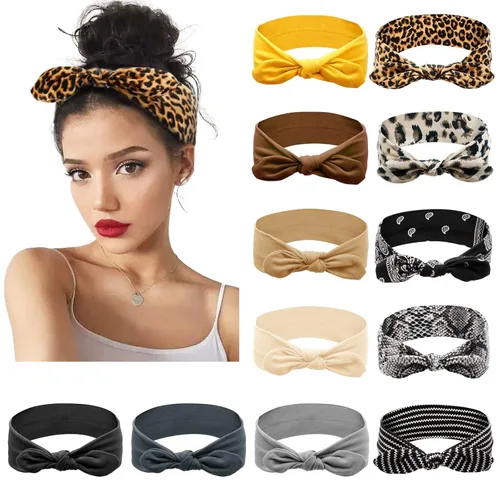 Huachi Paquete de 12 diademas con lazo para mujeres, diademas elásticas con forma de turbante, banda para la cabeza anudada, orejas de conejo,