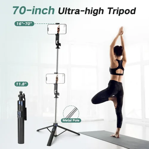 Miniatura 3 de Trípode selfie stick de 70 pulgadas para iPhone con control remoto, palo selfie extensible para iPhone, trípode portátil para teléfono de viaje