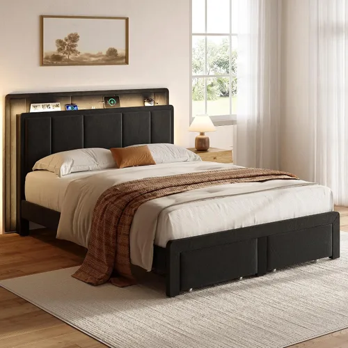 Miniatura 9 de Base de cama de almacenamiento de tamaño matrimonial, cama de plataforma tapizada con 2 cajones, cabecera de canal vertical de terciopelo con luces