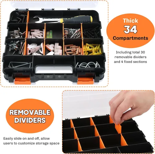 Miniatura 4 de Organizador de piezas pequeñas Caja de almacenamiento para herramientas, 34 compartimentos, caja organizadora de doble cara con divisores
