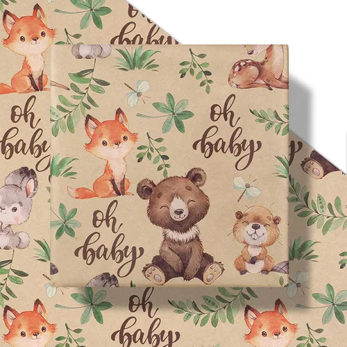 Miniatura 2 de RUSPEPA - Rollo de papel para envolver regalos con diseño de animales del bosque, mini rollo, papel kraft con texto "Oh Baby" para baby shower