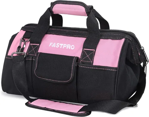Miniatura 7 de FASTPRO Bolsa de herramientas rosa de 12 pulgadas, almacenamiento abierto de boca ancha con cremallera, material de tela de poliéster 600D para una