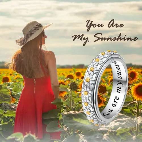 Miniatura 6 de Anillo giratorio para aliviar la ansiedad con margaritas You Are My Sunshine Flower Fidget Ring de plata esterlina TDAH para aliviar el estrés