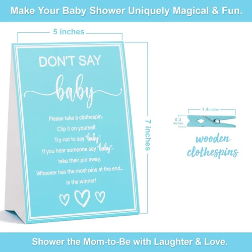 Miniatura 2 de Juegos de baby shower para niños, juego de Don't Say Baby Game, 1 letrero y 52 mini pines azules para ropa, juego de pinzas para ropa de baby shower