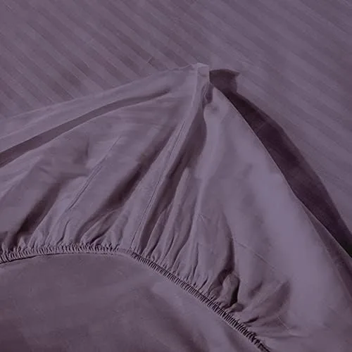 Miniatura 3 de Lasin Bedding Sábana bajera de lujo súper suave, 100% algodón, rayas, tamaño California King de 72 x 84 pulgadas, caída de 12 pulgadas, color morado