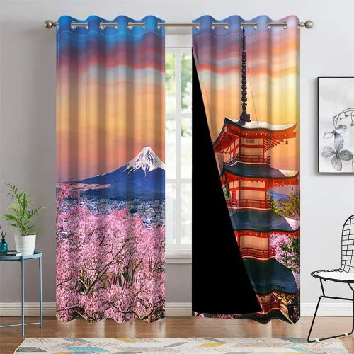 Cortinas japonesas con diseño de volcán japonés, pabellón de volcán japonés, para dormitorio, sala de estar, puesta de sol, nieve, montaña, cortinas