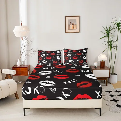 Miniatura 2 de Juego de sábanas bajeras de labios rojos femeninos para niñas y mujeres, juego de sábanas con estampado de lápiz labial blanco, juego de sábanas