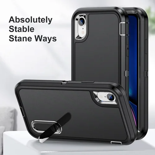 Miniatura 4 de IDweel Funda para iPhone XR, color negro para iPhone XR con soporte para hombres, protección resistente a prueba de golpes, antiarañazos, ajuste