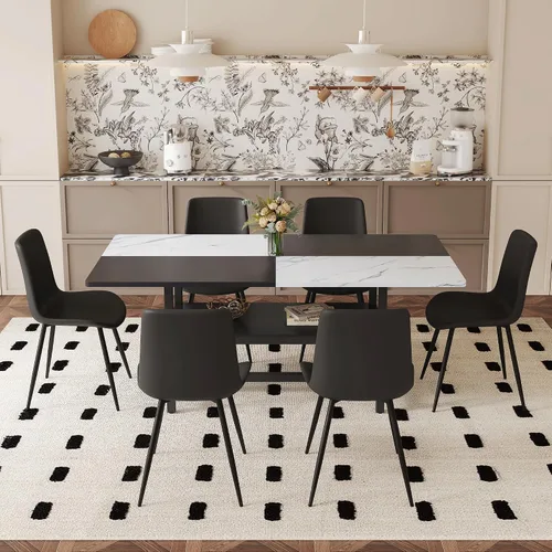 Miniatura 33 de Juego de mesa de comedor de 71 pulgadas para 6 personas con estante de almacenamiento, juego de mesa de comedor rectangular industrial moderna