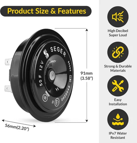 Miniatura 5 de SEGER Bocina de disco - Serie 50F, 12V, tono alto, impermeable, ajuste universal, bocina de camión ruidosa con soporte de montaje