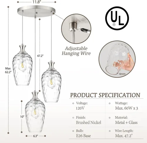 Miniatura 3 de Lámpara colgante de 3 luces, moderna lámpara de araña de níquel cepillado para comedor sobre mesa con vidrio martillado, luces colgantes de racimo