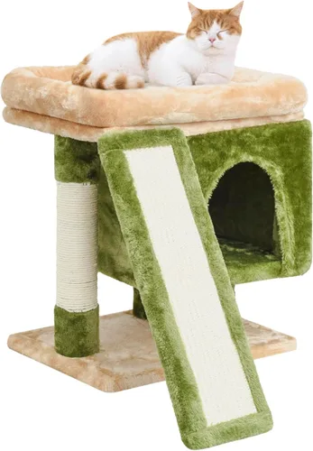 Miniatura 8 de SYANDLVY Árbol pequeño para gatos grandes de interior, condominio para gatitos con poste rascador y tabla, torre de actividades moderna con cueva