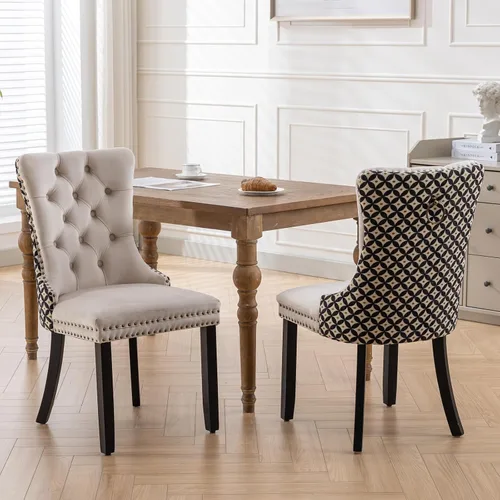 Miniatura 2 de Juego de 2 sillas de comedor de terciopelo, silla de comedor tapizada de alta gama con tirador de anillo en la espalda, adorno de clavos y patas