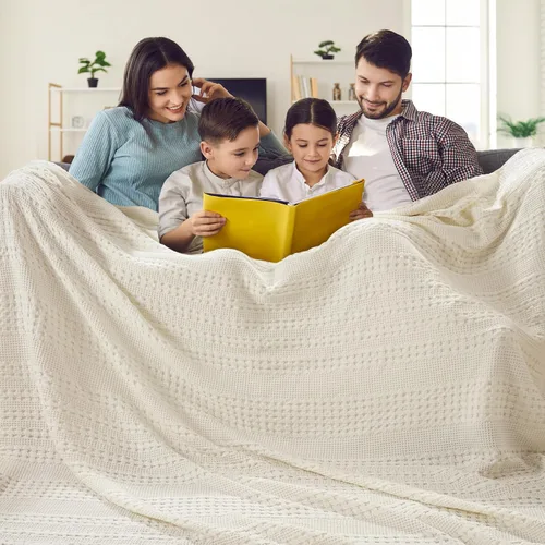 Miniatura 59 de PHF - Manta tejida de punto gofre 100% algodón, suave, ligera, transpirable, acogedora, de verano, para sofá y cama, tejida, estética, decoración