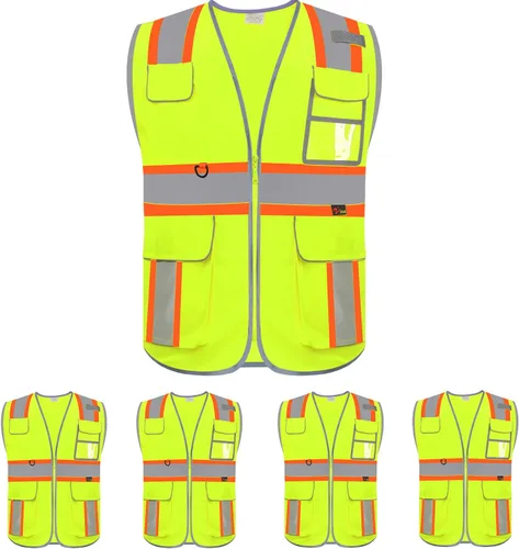 zojo Chaleco de seguridad de alta visibilidad, reflectante con bolsillos multifuncionales y cremallera, para hombres y mujeres, Tira amarilla