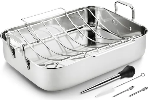 JY COOKMENT Sartén para Asar con Estante para Hornear, Sartén para Pavo de Acero Inoxidable de 16.5 Pulgadas con Estante, Regador. Excelente para