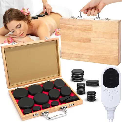 Yunsailing Juego de 18 piezas de masaje con piedras calientes con caja de calentador eléctrico de 110 V, kit de roca de masaje de basalto para
