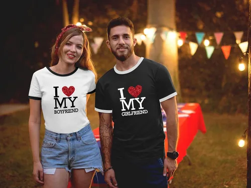 Miniatura 4 de TSIPR Camiseta I Love My Girlfriend GF con texto en inglés "I Love My Boyfriend BF con purpurina y corazón a juego para parejas, regalos del día