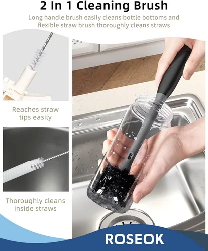 Miniatura 8 de ROSEOK 2 in 1 Long Handle Bottle Brush with Straw Brush for Cleaning Glass, Sports Bottle, Coffee Mug, Black, 1 Pack