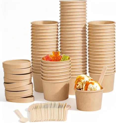 Ruisita Paquete de 50 cuencos de papel con tapas y cucharas, recipientes de sopa de 8 onzas, vasos desechables para helado con tapas, tazas de