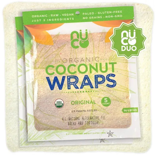 NUCO Certificado por DUO orgánico, estable en el estante, todo natural, paleo, sin gluten, vegano sin OMG, Kosher Raw Veggie NUCO Coco Wraps. Sin
