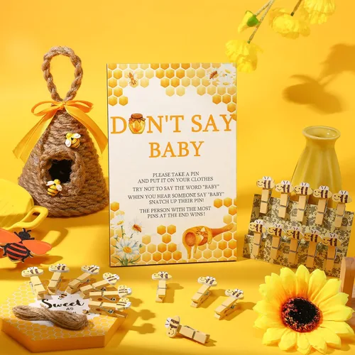 Miniatura 4 de Unittype 51 Piezas No Digas Bebé Juego de Baby Shower Regalos Incluye Letrero de Baby Shower Tema Abeja y 50 Mini Pinzas de Ropa de Abeja para Niños