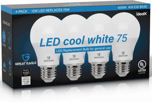 Great Eagle - Bombillas LED A19 equivalentes a 75 W, certificación UL, color blanco frío de 4000 K, bombillas LED de 75 W, no regulables, repuesto