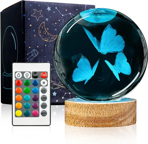 Luz nocturna de bola de cristal de mariposa 3D con base de madera, lámpara de cristal con figura de mariposa de 3.15 pulgadas con 16 colores, bonita