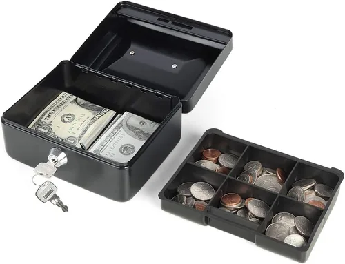 Miniatura 2 de Decaller - Caja de dinero pequeña con cerradura de llave, caja de dinero de metal portátil con doble capa y 2 llaves para seguridad, negro, 6 x 4