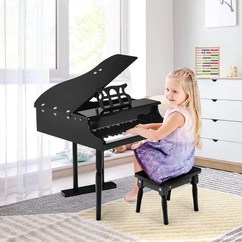 Miniatura 8 de HONEY JOY Piano clásico para niños, mini piano de cola de 30 teclas con soporte de música y banco, juguete de instrumento musical de madera con tapa