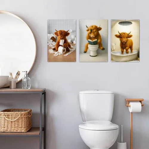 Miniatura 2 de Madewell Living Divertido letrero de metal de vaca de las montañas, arte de pared, decoración rústica de baño, fotos de vaca marrón para baño, baño