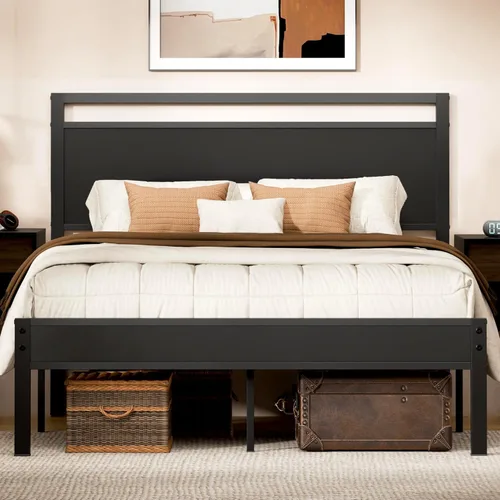 Miniatura 17 de Z-hom Cama de plataforma de metal resistente de fácil montaje, marco de cama tamaño Queen con cabecero y estribo, soporte antideslizante y Marrón