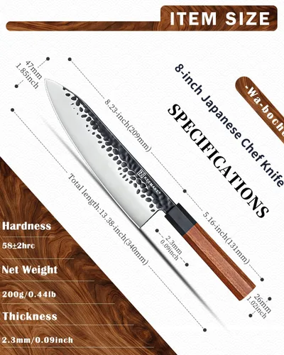 Miniatura 2 de Cuchillo de chef japonés KEEMAKE Gyuto - Cuchillo de cocina profesional de 8 pulgadas con hoja de acero de alto carbono 440C, cuchillos de corte
