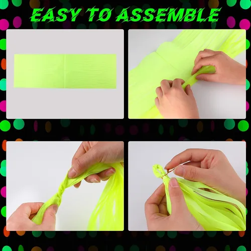Miniatura 6 de 88 piezas de suministros de fiesta de neón brillante, incluyendo guirnalda de papel de neón, 20 piezas de borlas de papel y banderas triangulares