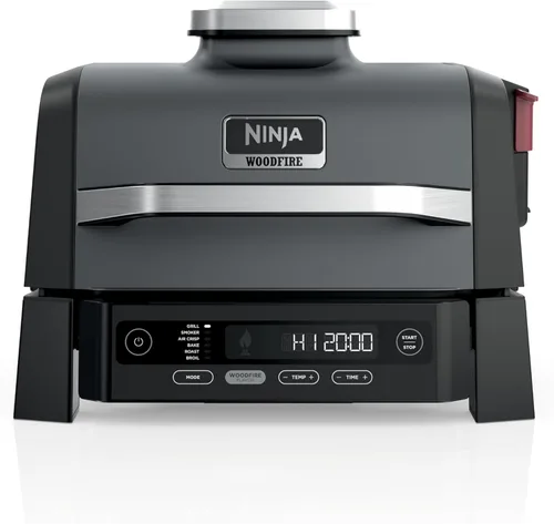 Ninja Woodfire Parrilla y Ahumador para Exteriores, Funcionalidad 6 en 1, Parrilla, Ahumar, Hornear, Asar, Freír al Aire, Asar a la Parrilla,