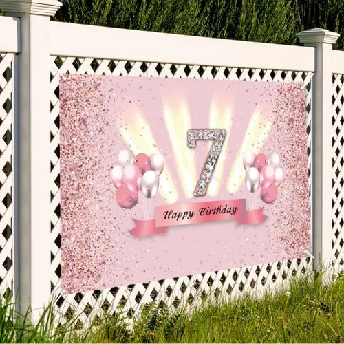 Miniatura 6 de Decoraciones de feliz cumpleaños 7 para niñas, pancarta de fondo, decoración de fiesta, póster de tela de aniversario, fondo de foto rosa