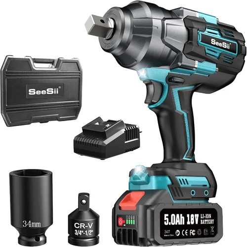 Llave de impacto SEESII 1180FT-LBS(1600N.m) 2200IPM 3/4 Pistola de impacto de alto par eléctrica inalámbrica con batería de 18V 1x5.0Ah 2 tomas y