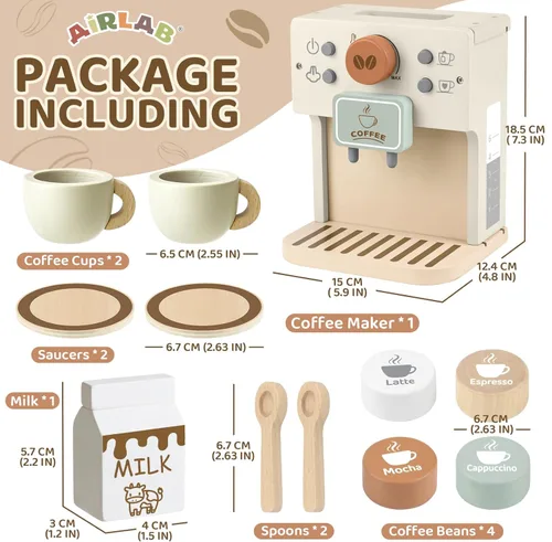 Miniatura 2 de Airlab Juego de Cafetera de Juguete para Niños Accesorios de Cocina de Madera Juego de Café para Niños Pequeños de Pretensión Regalos de Cumpleaños
