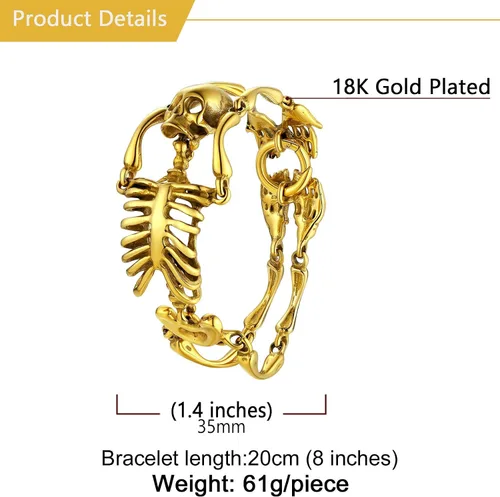 Miniatura 6 de U7 Pulseras góticas de calavera para hombres y mujeres, acero inoxidable, chapado en oro de 18 quilates, plata, negro, punk, esqueleto punk
